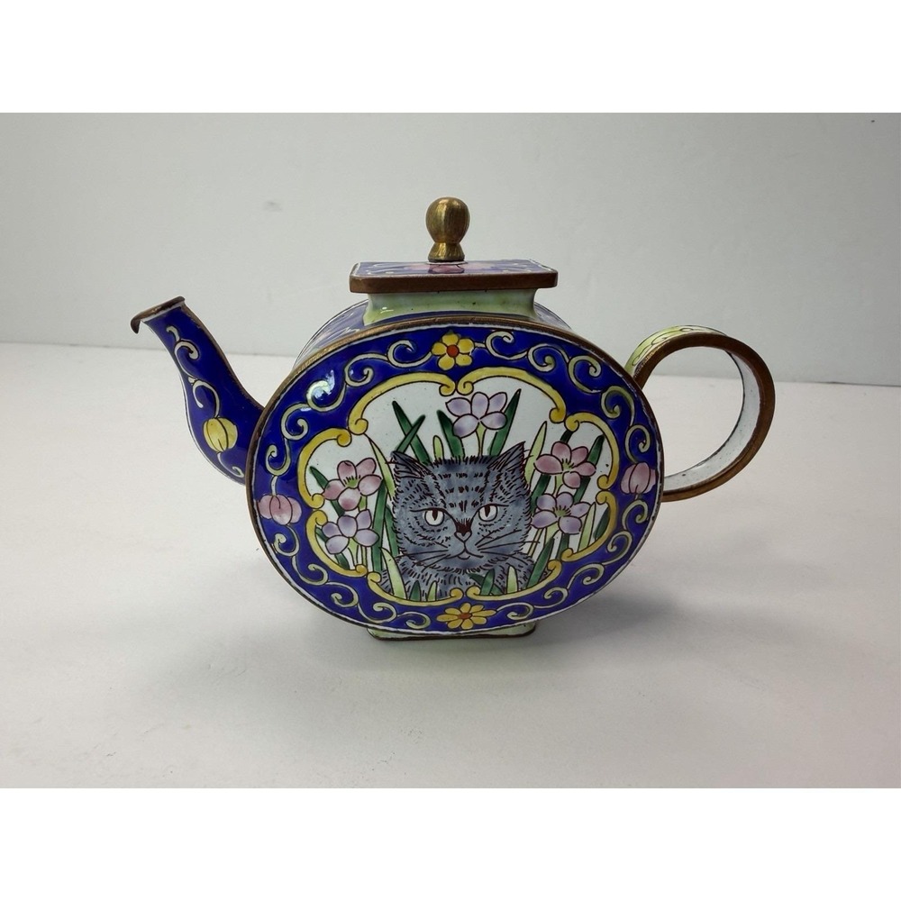 Kelvin Chen Miniature Mini Enamel Decorative Teapot Trinket Cats Blue Vintage
